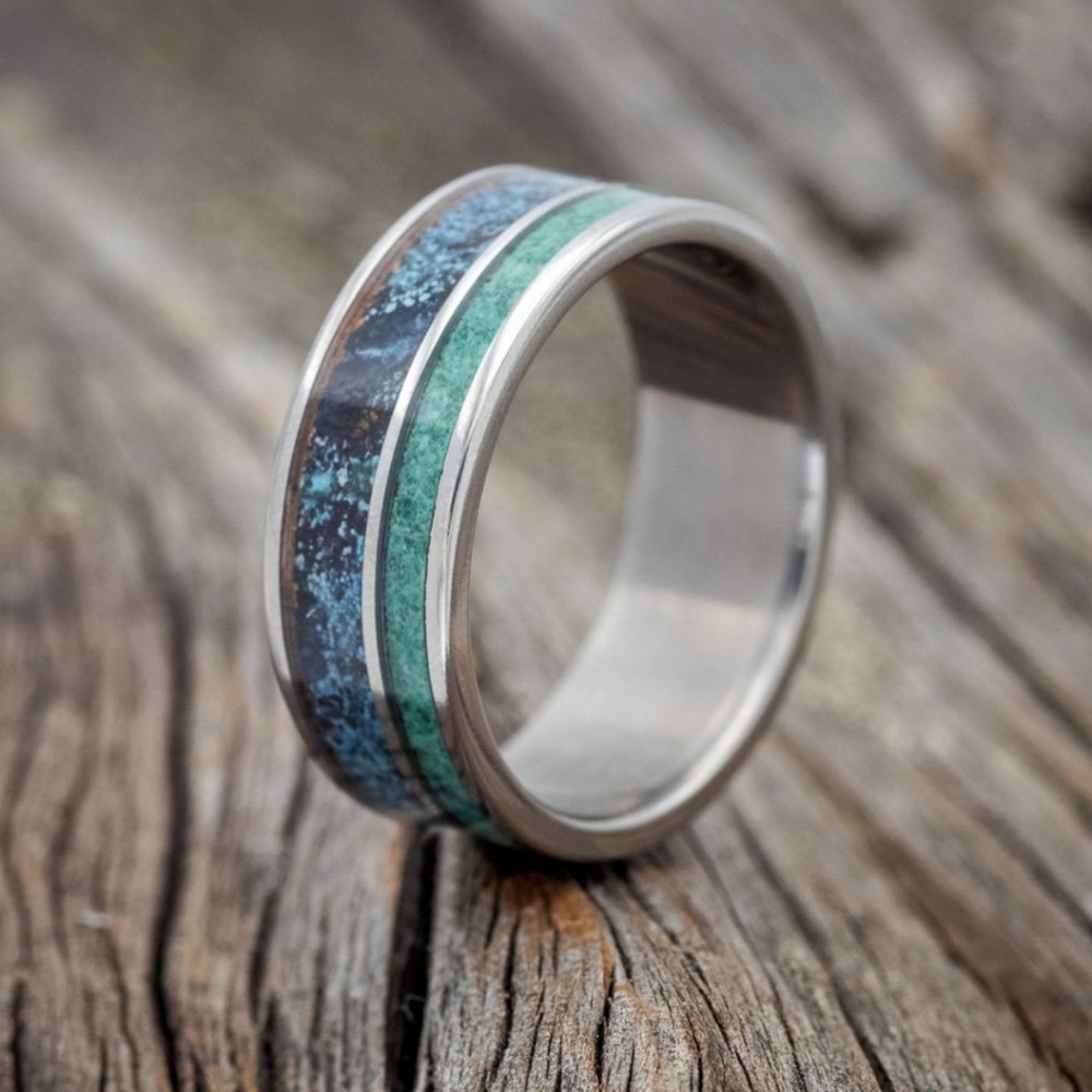 Handmade Petina Crushed Copper and Malachite Titanium Mens Wedding Ring sz9